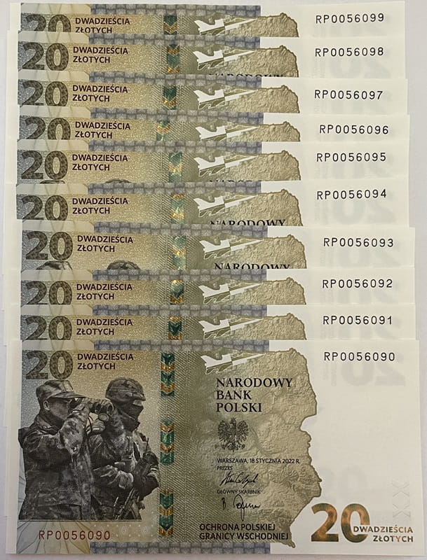 Banknot 20 zł Ochrona polskiej granicy wschodniej 2022 10 szt