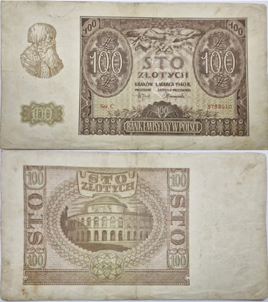Banknot 100 zł 1940 stan 3