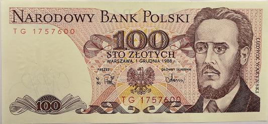 Banknot 100 zł 1988 Ludwik Waryński UNC
