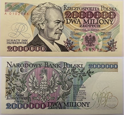 Banknot 2000000 zł Ignacy Paderewski 1992 stan 1 z błędem