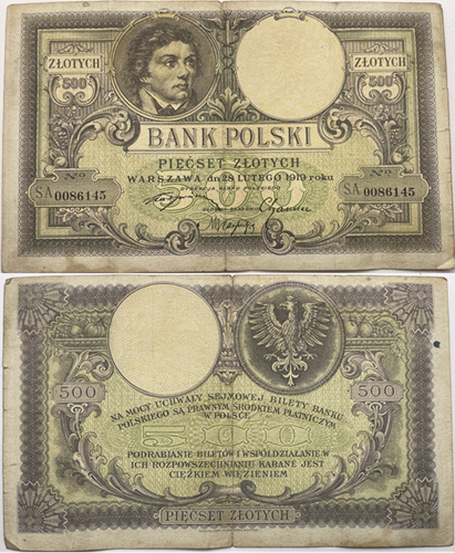 Banknot 500 zł Kościuszko1919 r. stan 3