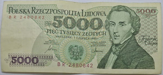 Banknot 5000 zł 1986 Fryderyk Chopin stan 2