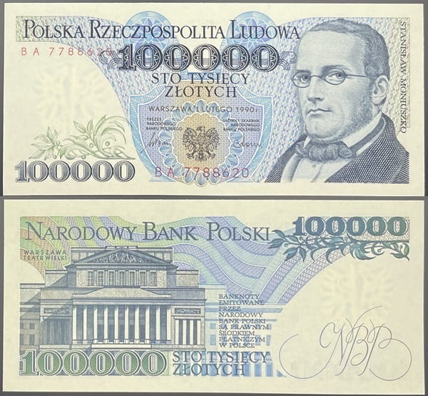Banknot 100000 zł 1990 Moniuszko stan 1