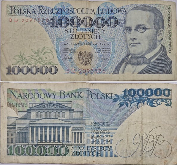 Banknot 100000 zł 1990 Moniuszko stan 3