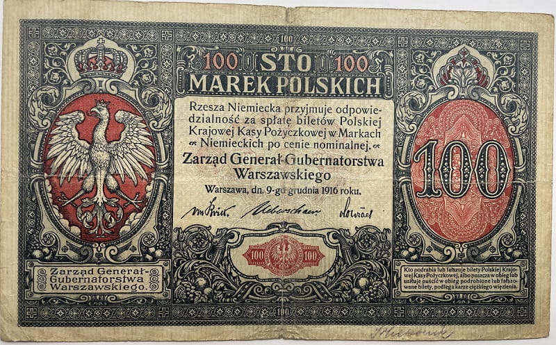 Banknot 100 marek polskich 1916 stan 3