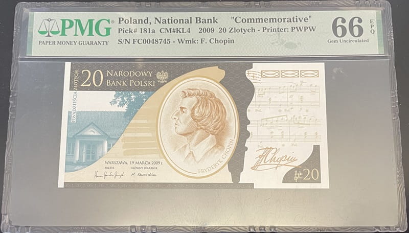Banknot 20 zł Fryderyk Chopin 2009 PMG 66 EPQ