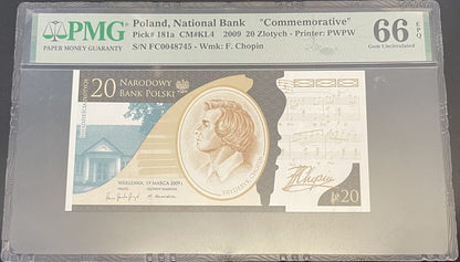 Banknot 20 zł Fryderyk Chopin 2009 PMG 66 EPQ