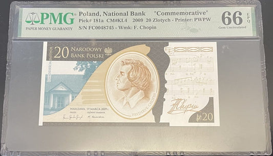 Banknot 20 zł Fryderyk Chopin 2009 PMG 66 EPQ