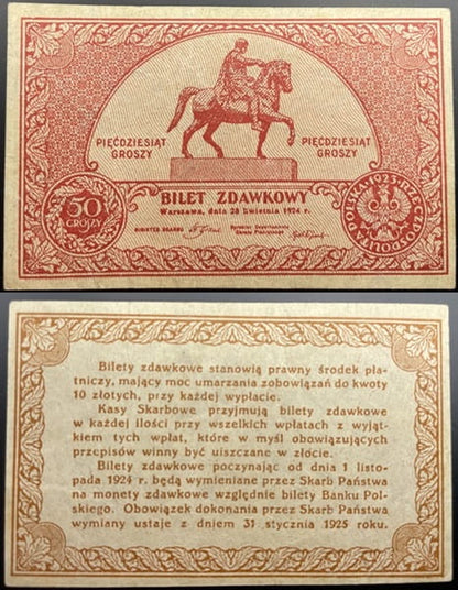 Banknot 50 gr 1924 r. bilet zdawkowy
