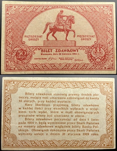 Banknot 50 gr 1924 r. bilet zdawkowy