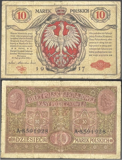 Banknot 10 marek polskich 1917 r. stan 4
