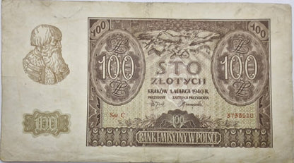 Banknot 100 zł 1940 stan 3