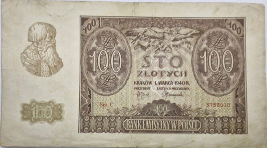 Banknot 100 zł 1940 stan 3