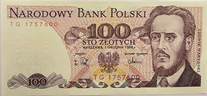 Banknot 100 zł 1988 Ludwik Waryński UNC
