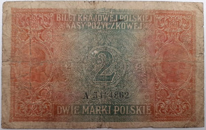 Banknot 2 marek polskich 1916 r. stan 4 jenerał