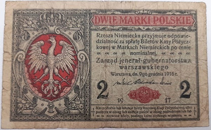 Banknot 2 marek polskich 1916 r. stan 4 jenerał