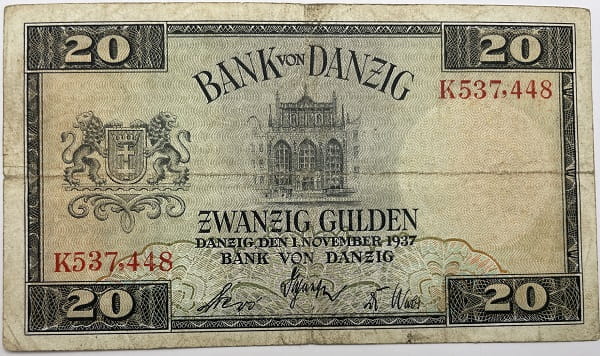 Banknot 20 guldenów 1937 r. Wolne Miasto Gdańsk