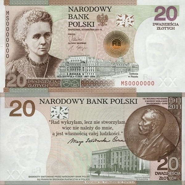 Banknot 20 zł 100 rocznica nagrody Nobla Maria Skłodowska-Curie 2011