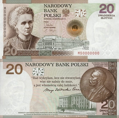 Banknot 20 zł 100 rocznica nagrody Nobla Maria Skłodowska-Curie 2011