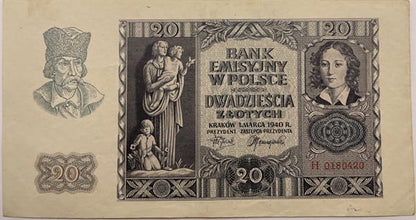 Banknot 20 zł 1940 r. stan 3