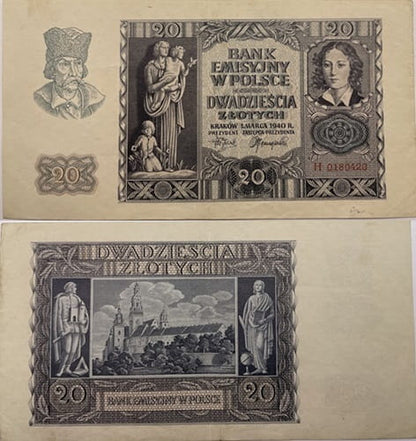 Banknot 20 zł 1940 r. stan 3