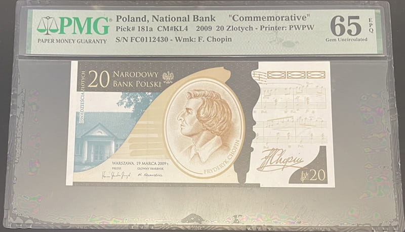 Banknot 20 zł Fryderyk Chopin 2009 PMG 65 EPQ