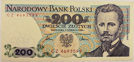 Banknot 200 zł 1986 Jarosław Dąbrowski stan 1