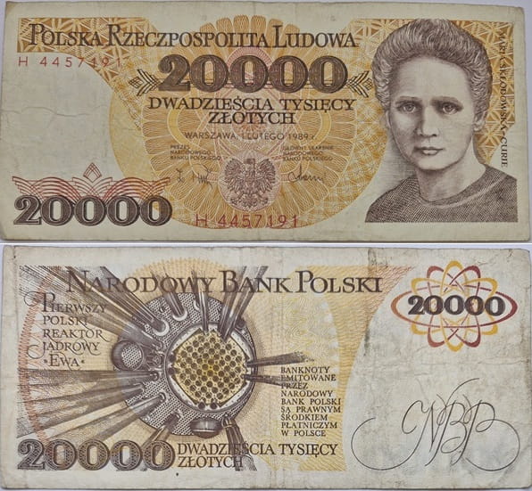 Banknot 20000 zł 1989 Maria Skłodowska-Curie stan 3