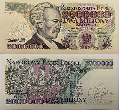 Banknot 2000000 zł Ignacy Paderewski 1992 stan 1 z błędem