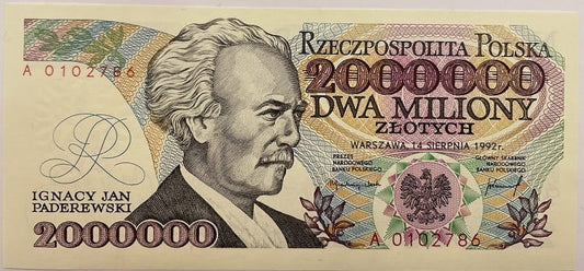 Banknot 2000000 zł Ignacy Paderewski 1992 stan 1 z błędem