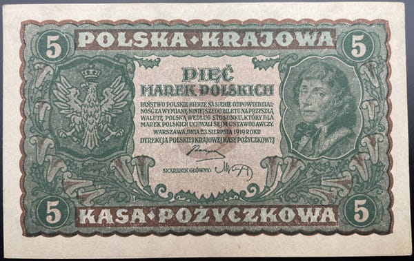 Banknot 5 marek  polskich 1919 r. stan 1
