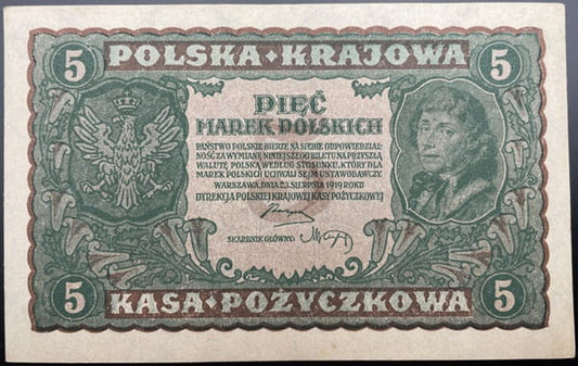 Banknot 5 marek  polskich 1919 r. stan 1