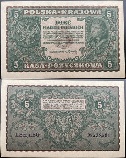 Banknot 5 marek  polskich 1919 r. stan 1