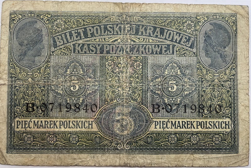 Banknot 5 marek polskich 1917 r. stan 4