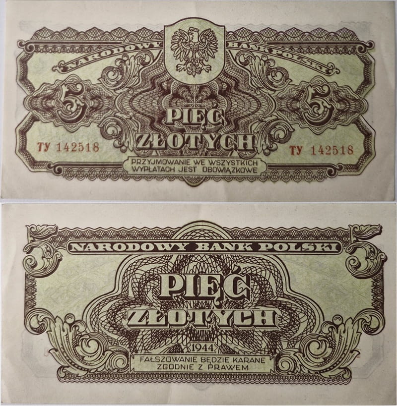 Banknot 5 zł 1944 seria lubelska "-owe"