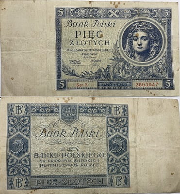 Banknot 5 złotych 1930 r. stan 3 jednoliterowa