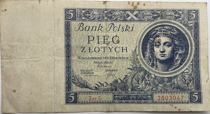 Banknot 5 złotych 1930 r. stan 3 jednoliterowa