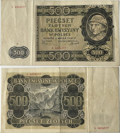 Banknot 500 zł 1940 r. stan 3