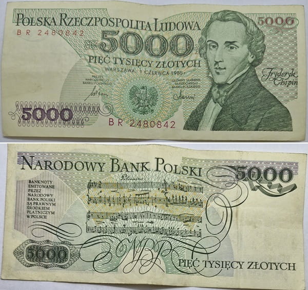 Banknot 5000 zł 1986 Fryderyk Chopin stan 2