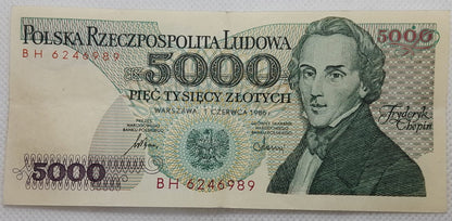 Banknot 5000 zł Fryderyk Chopin 1986 r. Błąd
