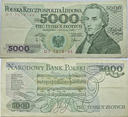 Banknot 5000 zł 1988 Fryderyk Chopin stan 3