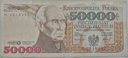 Banknot 50000 zł 1993 Stanisław Staszic stan 3