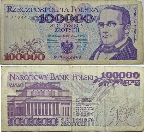 Banknot 100000 zł 1993 Moniuszko stan 3