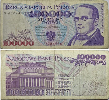 Banknot 100000 zł 1993 Moniuszko stan 3