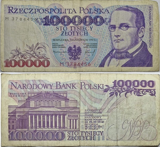 Banknot 100000 zł 1993 Moniuszko stan 3