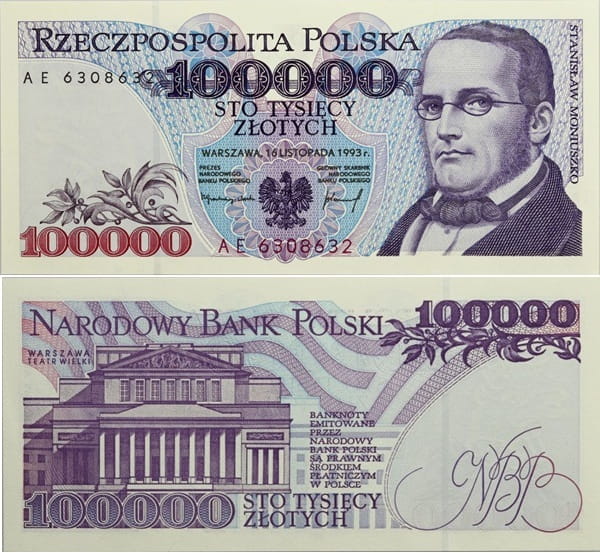 Banknot 100000 zł 1993 Moniuszko stan 1