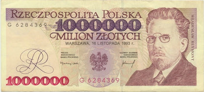 Banknot 1000000 zł 1993 Władysław Reymont stan 3