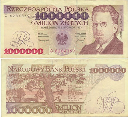 Banknot 1000000 zł 1993 Władysław Reymont stan 3