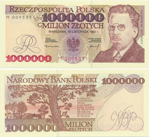 Banknot 1000000 zł 1993 Władysław Reymont