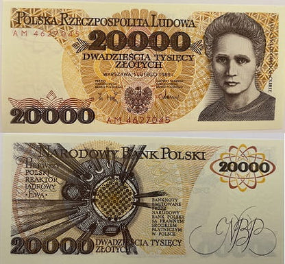 Banknot 20000 zł 1989 Maria Skłodowska-Curie stan 1